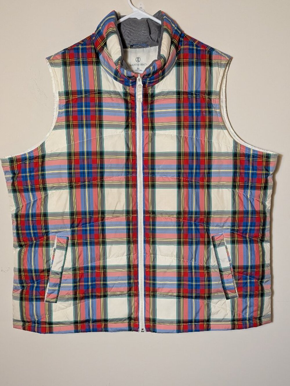 Land's End Plaid Mock Neck Zip Up Goose-Down Puffer Vest White Blue Sz 2X